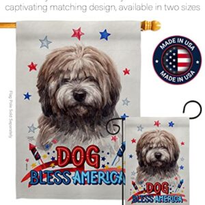 Breeze Decor Patriotic Brindle Tibetan Terrier Garden Flag-Set Wood Dowel Dog Puppy Spoiled Paw Canine Fur Pet Nature Farm Animal Creature House Banner Small Yard Gift Double-Sided, Made in USA