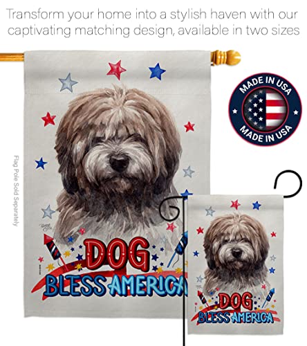 Breeze Decor Patriotic Brindle Tibetan Terrier Garden Flag-Set Wood Dowel Dog Puppy Spoiled Paw Canine Fur Pet Nature Farm Animal Creature House Banner Small Yard Gift Double-Sided, Made in USA