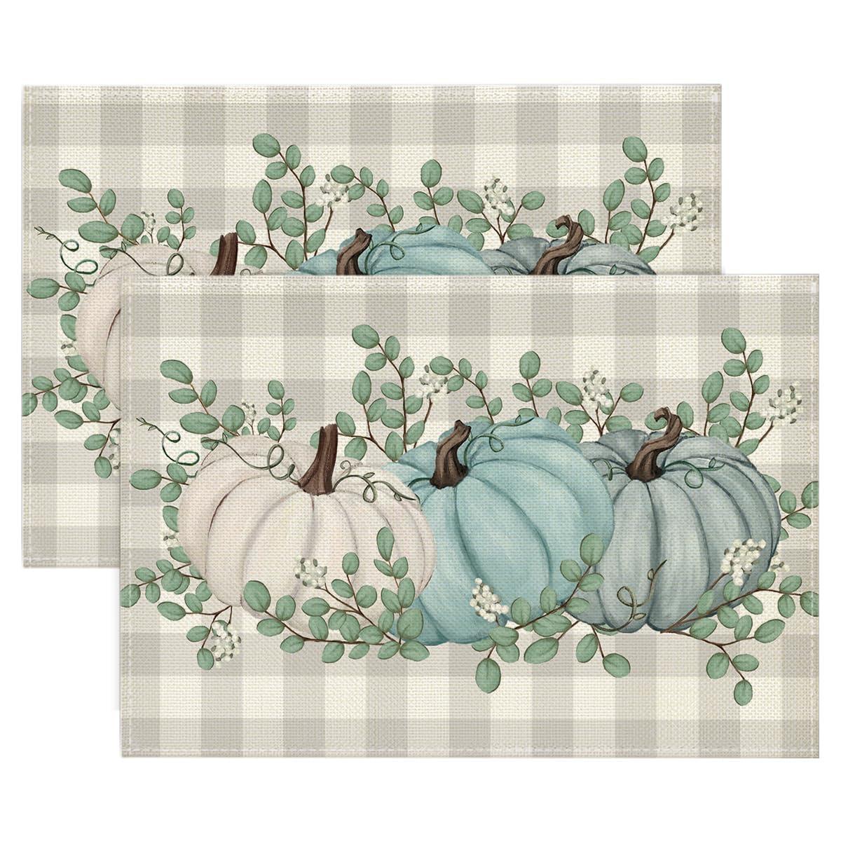 Artoid Mode Pumpkins Eucalyptus Leaves Fall Placemats Set of 4, 12x18 Inch Autumn Thanksgiving Harvest Vintage Table Mat for Party Dining Decoration