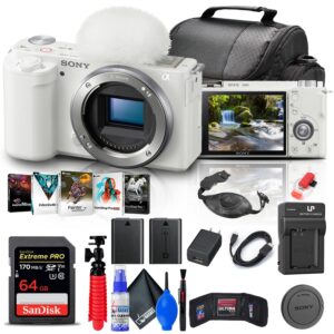 sony zv-e10 mirrorless camera (body only, white) (ilczv-e10/w) + 64gb card + corel photo software + bag + npf-w50 battery + external charger + card reader + hdmi cable + flex tripod + more (renewed)
