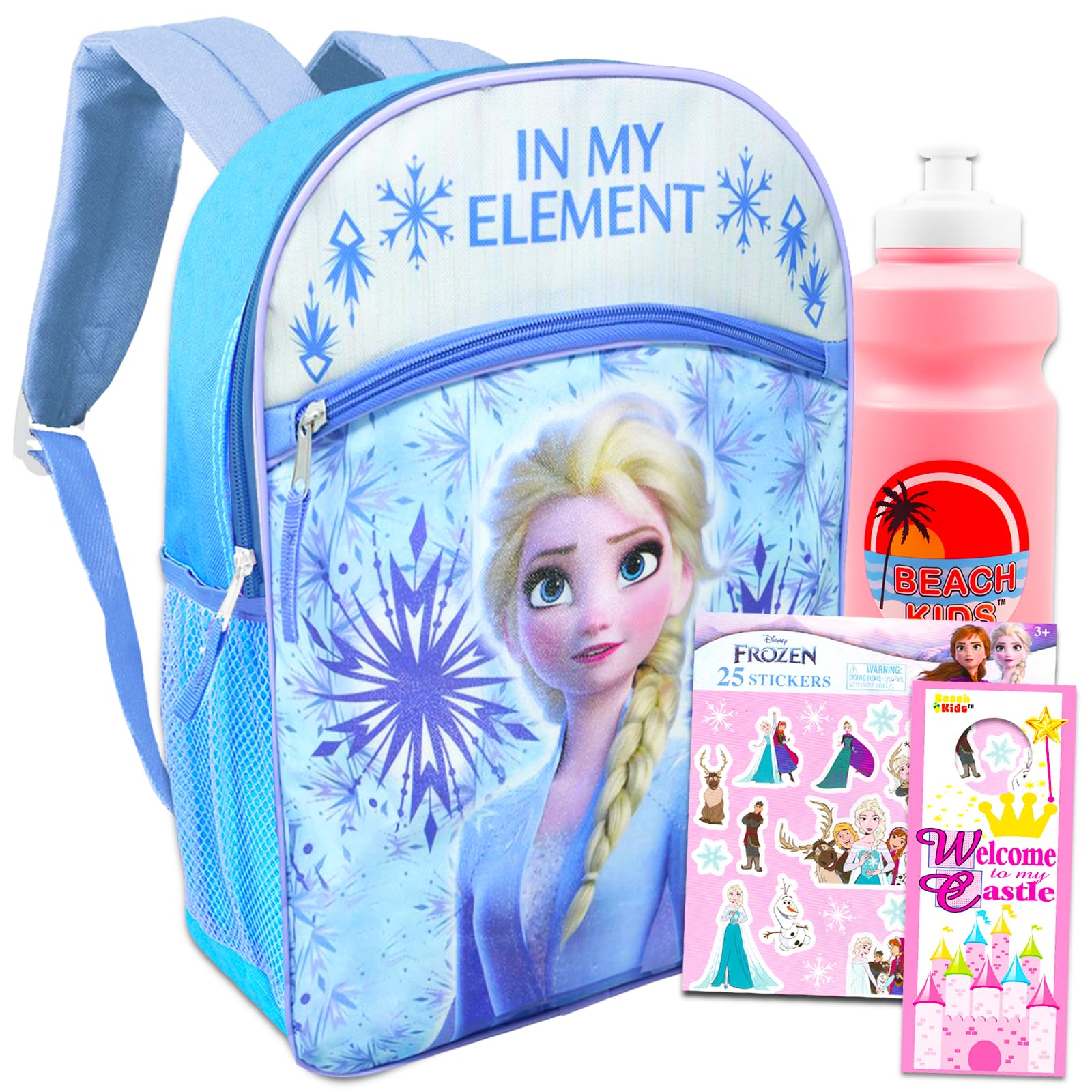 Disney Bundle Frozen Backpack for Boys Girls Kids - 5 Pc with 16'' School Bag, Water Bottle, Stickers, and More (Disney Supplies), travel bag (Frozen Kids)