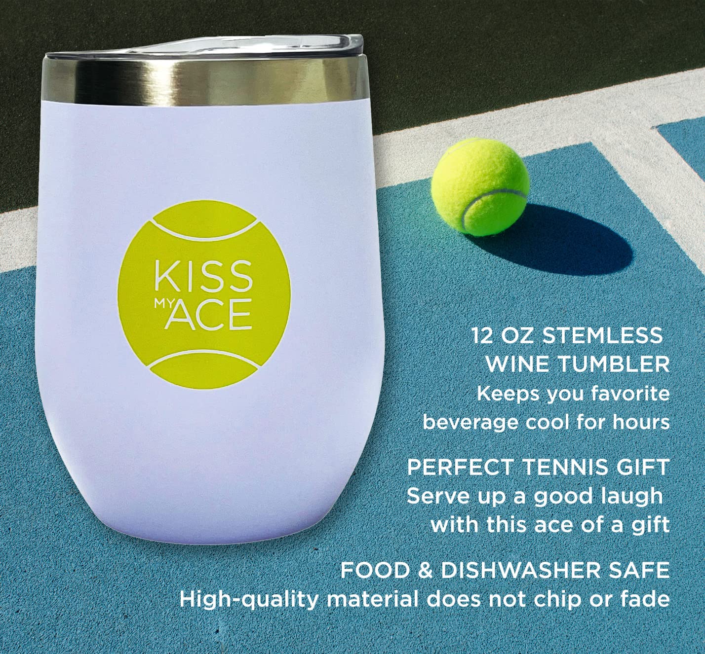 Tennis Wine Tumbler | Funny Tennis Gift | 12 oz Insulated Stainless Steel Wine Glass for Tennis Players