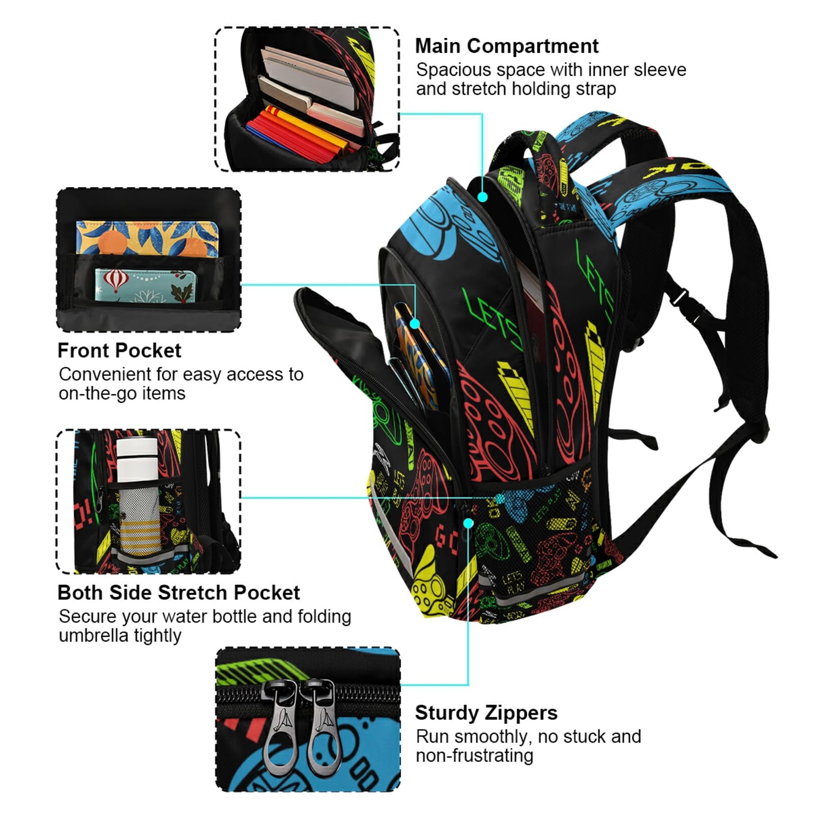 Eionryn Let's Play Video Game Backpack Laptop Backpacks Book Bags Water Resistant Daypack Durable College Shoulder Bag Sports Travel Day Pack