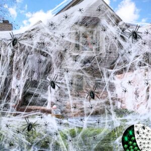 1500 sqft halloween spider web decorations super stretch cobweb with 130 plastic fake spiders glow in the dark halloween decorations indoor outdoor party supplies haunted house decor (450g)