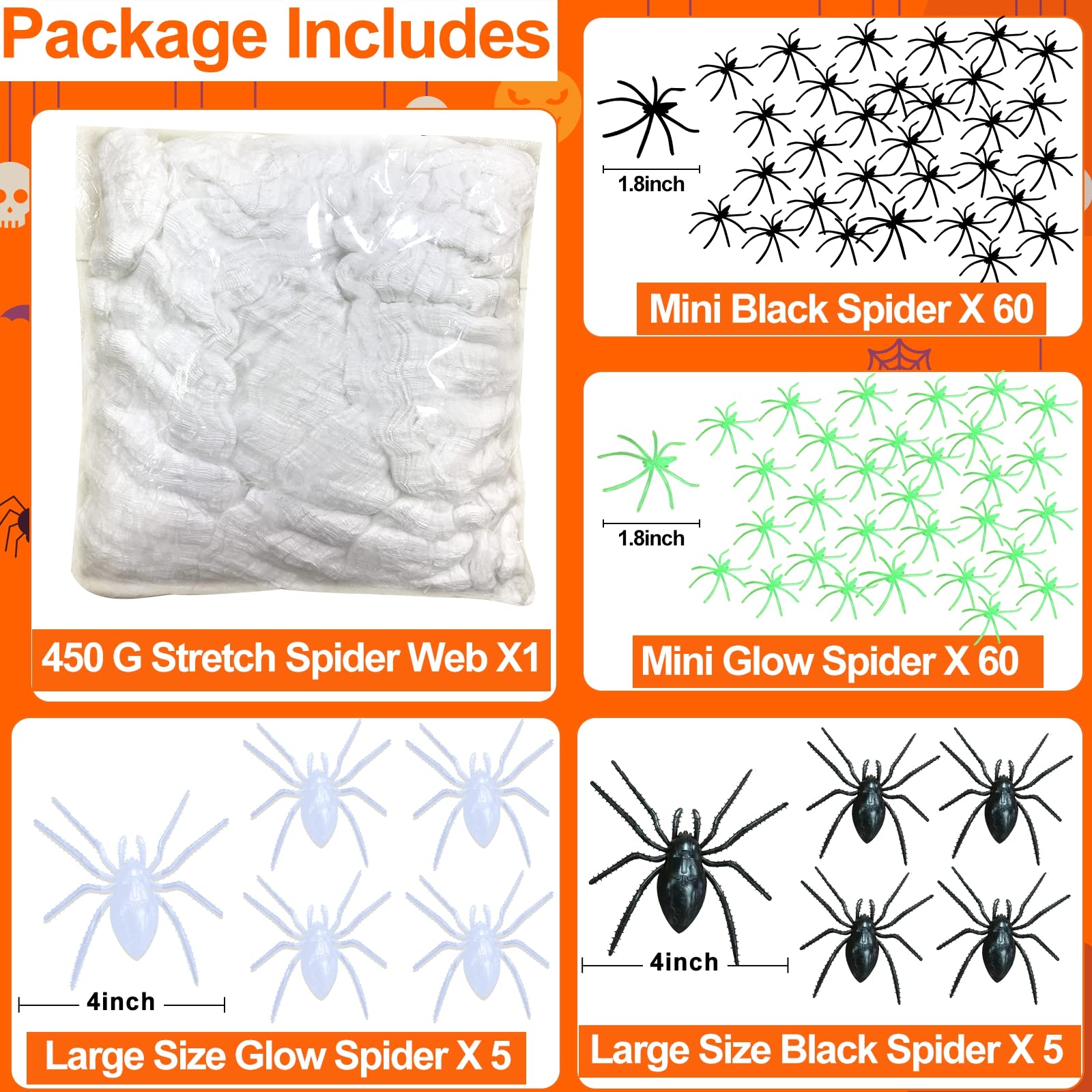 1500 sqft Halloween Spider Web Decorations Super Stretch Cobweb with 130 Plastic Fake Spiders Glow in The Dark Halloween Decorations Indoor Outdoor Party Supplies Haunted House Decor (450g)