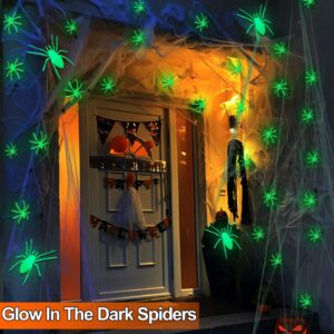 1500 sqft Halloween Spider Web Decorations Super Stretch Cobweb with 130 Plastic Fake Spiders Glow in The Dark Halloween Decorations Indoor Outdoor Party Supplies Haunted House Decor (450g)