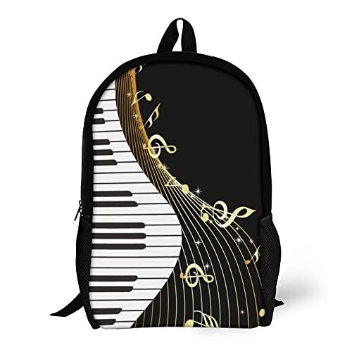 WZOMT Unisex Music School Backpack Casual White Piano Keyboard Gold Music Notes on Black Daypack Travel Knapsack Elementary Middle College Book Bags for Teen Girls Boys Women Mens, Large 17"