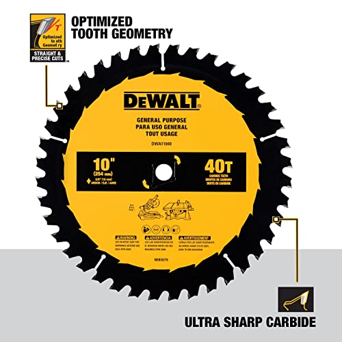 DEWALT Table Saw Blade, 10", 40 Tooth, with Fine Finish, Ultra Sharp Carbide (DWA11040)