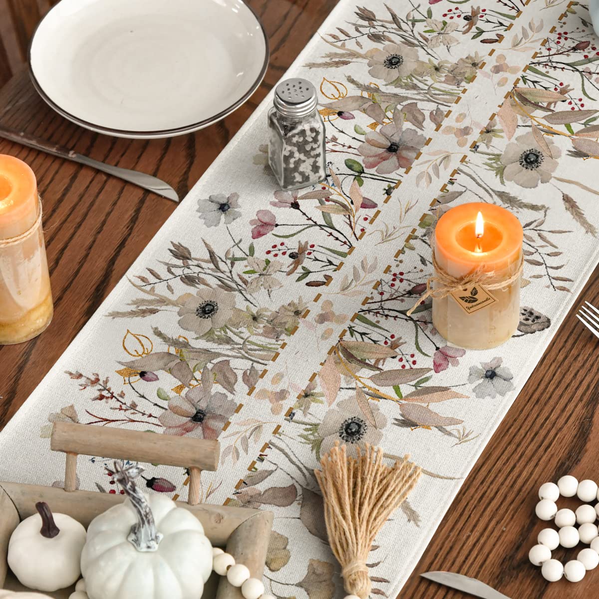 Artoid Mode Wildflower Leaves Floral Fall Table Runner, Autumn Thanksgiving Kitchen Dining Table Decoration for Indoor Outdoor Home Party 13x72 Inch