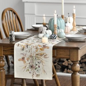 Artoid Mode Wildflower Leaves Floral Fall Table Runner, Autumn Thanksgiving Kitchen Dining Table Decoration for Indoor Outdoor Home Party 13x72 Inch