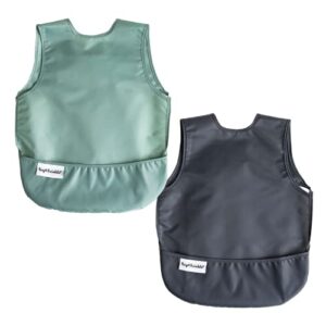 tiny twinkle mess-proof apron toddler bibs w/tug-proof closure, baby food bibs, 2 pack (sage charcoal, small 6-24 months)