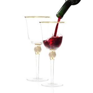 berkware premium wine glasses set of 4 - crystal long stem wine glass with gold rim & rhinestone design - 18 oz