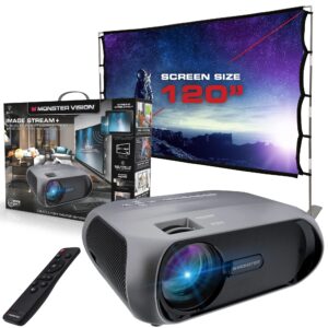 monster vision 1080p image stream projector and 120” portable screen, 2500 lumens, universal video/audio/photo format support, wireless device mirroring, stream videos/photos from android/ios devices