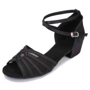 luixiu ballroom latin salsa dance shoes women low heel practice dancing sandals for social beginner lx01(8.5,black-1.5 inch heel)