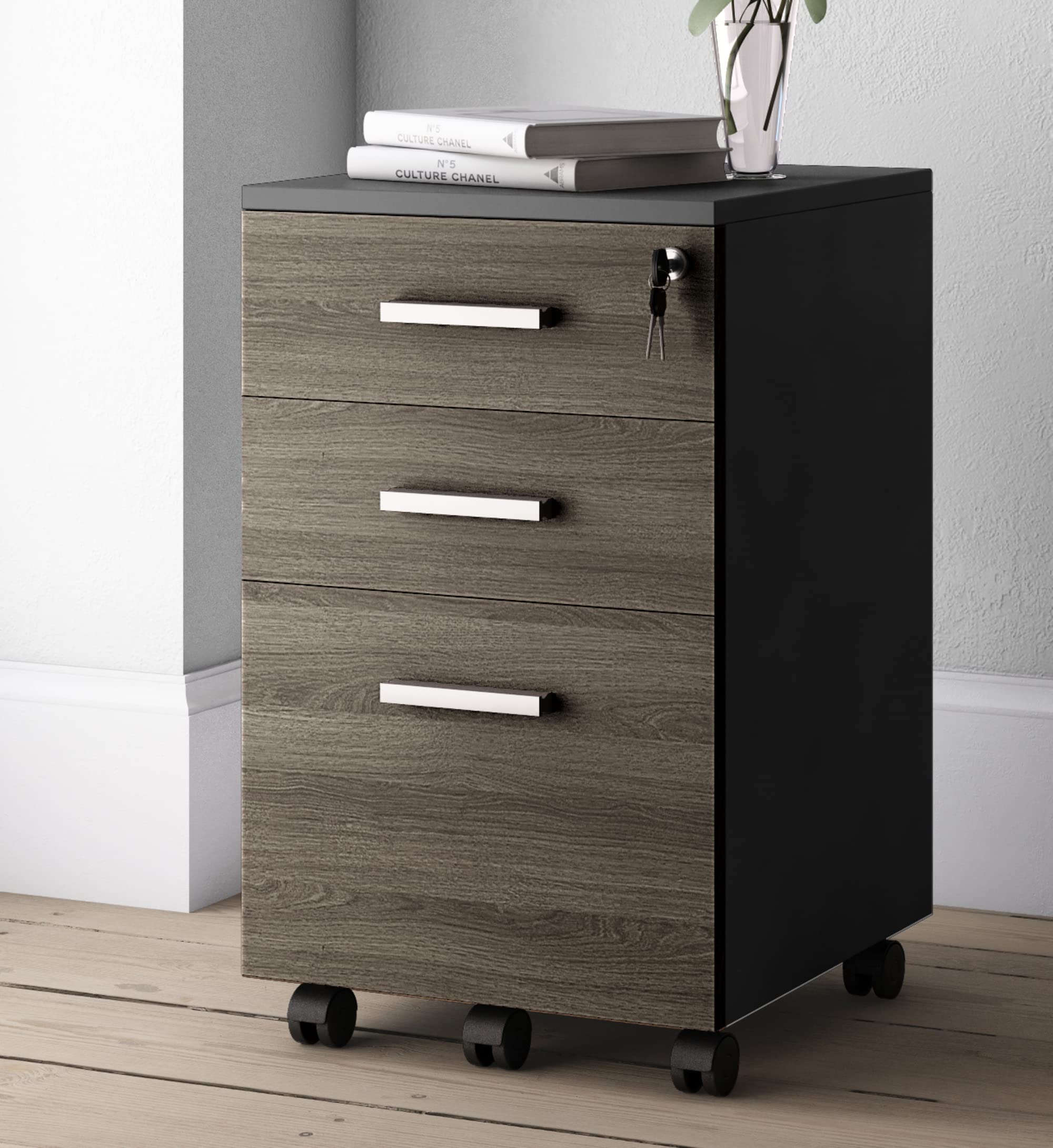 Lazio File Cabinet with Lock - Filing Cabinet for Home and Office - 3 Drawer Small Rolling File Cabinet -Wood Printer Stand with Storage for A4 Size/Legal Documents, File Folders (SLATE GRAY/Black)