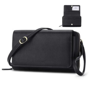ronsin women crossbody wallet purse, rfid card holder wristlet clutch 2 straps, black