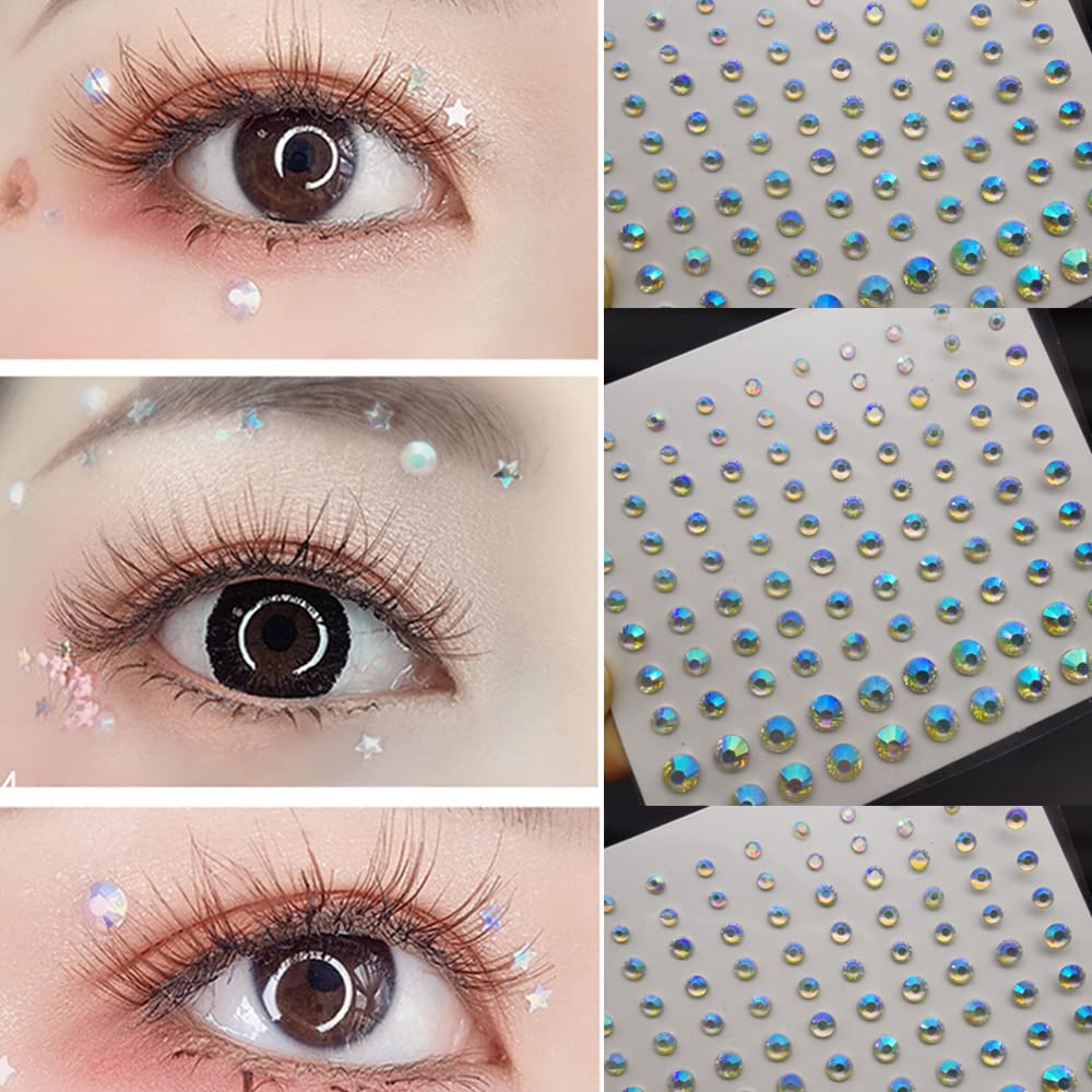 Eye Body Face Gems Jewels Rhinestone Stickers Acrylic Self Adhesive Crystal White AB Makeup Diamonds Face Tattoo Stick Gems for Women Festival Accessory DIY Crafts and Nail Art Decorations 3 Sheets