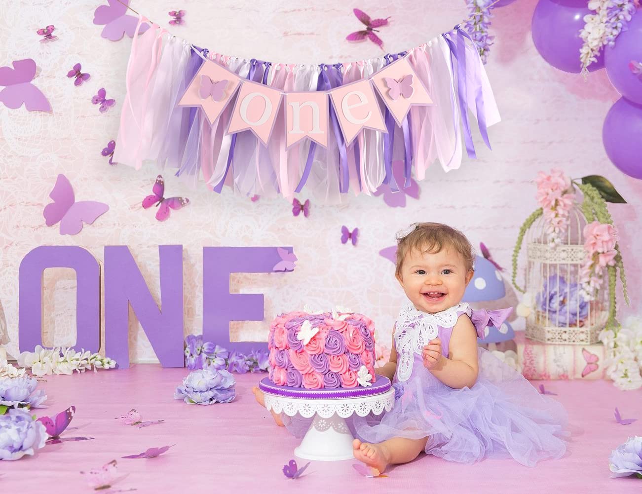 Butterfly One Birthday Highchair Banner - First Birthday Highchair Banner，one High Chair Banner，1st Birthday High Chair Banner，one Party Decoration Photo Props Cake Smash