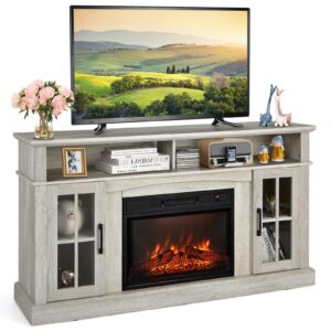 tangkula fireplace tv stand for tvs up to 65 inch, electric fireplace tv console w/remote control, overheat protection, 3-level adjustable brightness, tv entertainment center w/23” fireplace