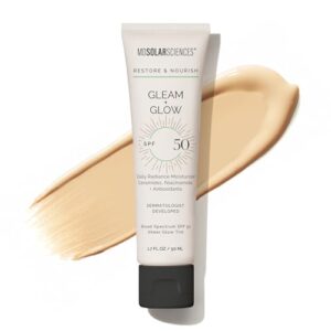 mdsolarsciences gleam and glow spf 50–highlight tinted moisturizer with broad spectrum uv protection–blendable sunscreen with antioxidant vitaminc and green tea–sheer, natural glow,1.7 fl oz, lavender