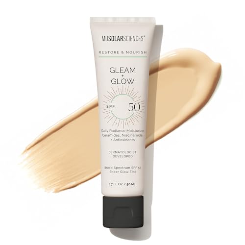 MDSolarSciences Gleam and Glow SPF 50–Highlight Tinted Moisturizer with Broad Spectrum UV Protection–Blendable Sunscreen with Antioxidant VitaminC and Green Tea–Sheer, Natural Glow,1.7 Fl Oz, Lavender