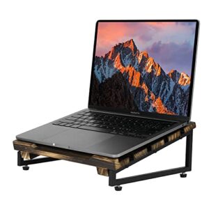 mygift rustic burnt solid wood portable laptop stand with matte black metal angled frame legs, desk cooling stand laptop riser