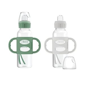 dr. brown's milestones narrow sippy spout bottle with 100% silicone handles, easy-grip handles with soft sippy spout, 8oz/250ml, green & gray, 2-pack, 6m+