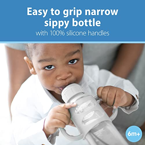 Dr. Brown's Milestones Narrow Sippy Spout Bottle with 100% Silicone Handles, Easy-Grip Handles with Soft Sippy Spout, 8oz/250mL, Green & Gray, 2-Pack, 6m+