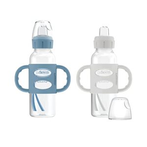 dr. brown's milestones narrow sippy spout bottle with 100% silicone handles, easy-grip handles with soft sippy spout, 8oz/250ml, light-blue & gray, 2-pack, 6m+