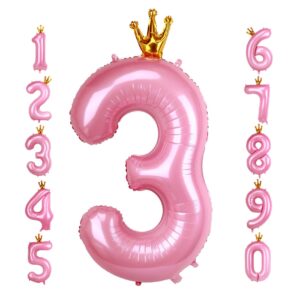 40 inch crown pink number 3 balloon, big conjoined baby pink foil mylar helium digit 3 balloon for girl 3rd birthday party decorations anniversary decor theme party supplies