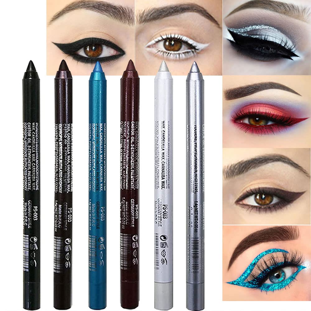 evpct 6Pcs White Glitter Eyeliner Pencils Set delineadores de colores para ojos lapiz negro a prueba de agua Black Silver Blue Red Brown Metallic Colorful Liquid Eye Liners Waterproof