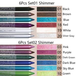 evpct 6Pcs White Glitter Eyeliner Pencils Set delineadores de colores para ojos lapiz negro a prueba de agua Black Silver Blue Red Brown Metallic Colorful Liquid Eye Liners Waterproof