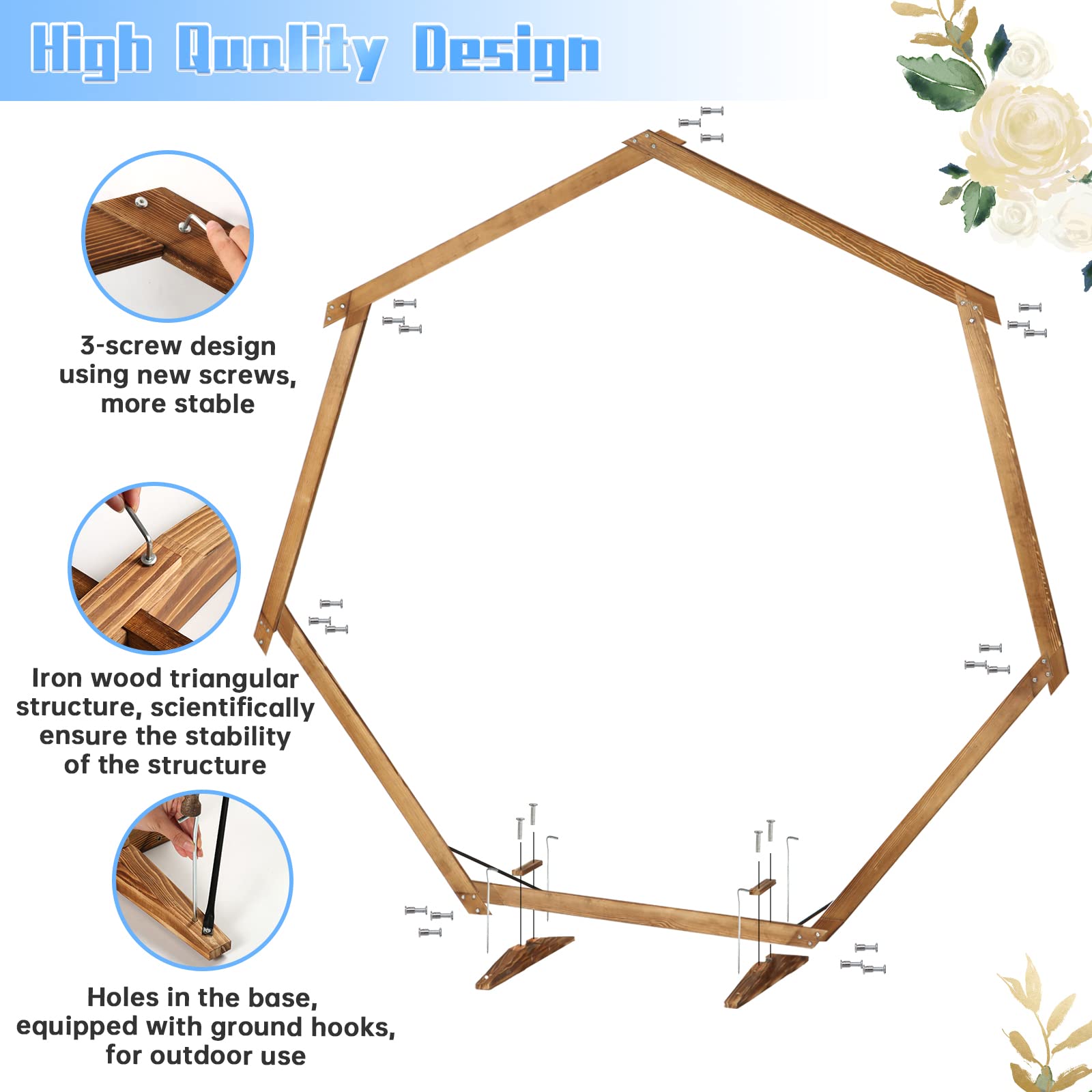 Loninak Heptagonal Wooden/Wood Arch 7.2FT for Wedding Ceremony, Arbor Backdrop Stand for Garden Parties, Indoor, Outdoor, Autumn Theme, Rustic Decorations