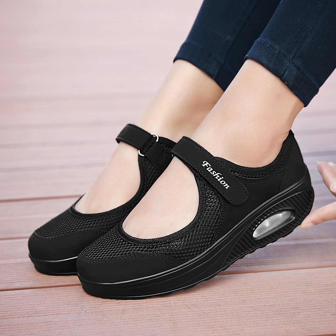 L LOUBIT Women's Platform Walking Shoes Breathable Mesh Sneakers Comfort Working Nursing Shoes Lightweight Wedge Loafers Black 40