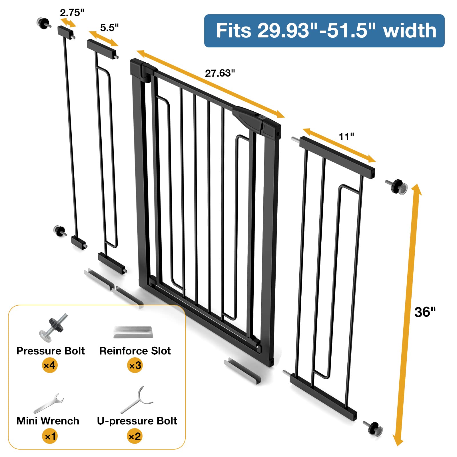 36" Extra Tall Baby Gate for Stairs Doorways, ALVOD 29.93-51.5" Wide Auto Close Wide Baby Gate with 2-Way Door, Wall Pressure Mounted Walk Through Baby Gate for Dogs and Kids