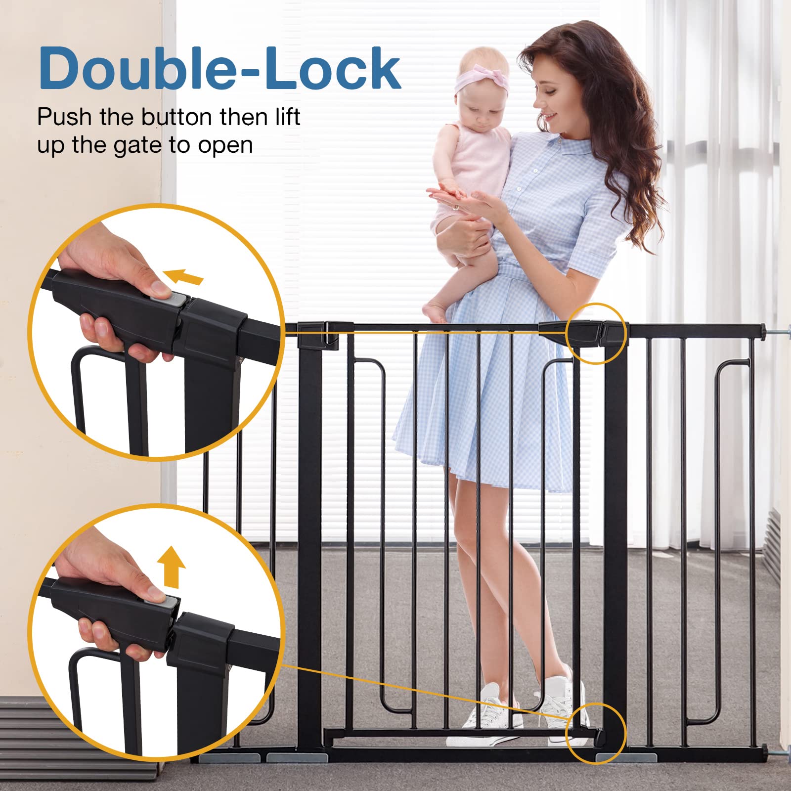 36" Extra Tall Baby Gate for Stairs Doorways, ALVOD 29.93-51.5" Wide Auto Close Wide Baby Gate with 2-Way Door, Wall Pressure Mounted Walk Through Baby Gate for Dogs and Kids