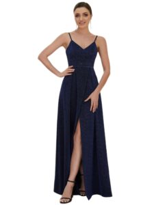 ever-pretty women's spaghetti strap summer v-neck formal prom evening dress with slit navy blue us6