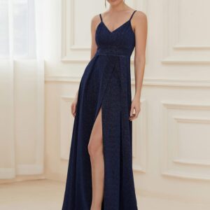 Ever-Pretty Women's Spaghetti Strap Summer V-Neck Formal Prom Evening Dress with Slit Navy Blue US6