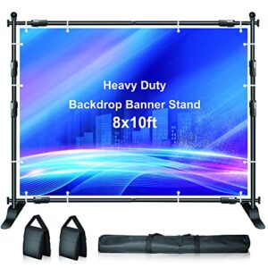 FUDESY Backdrop Banner Stand, 10x8ft Heavy Duty Display Frame Stand, Adjustable Metal Telescopic Tube, Step and Repeat Background Stand Kit for Trade Show, Photography Photo Booth, Party,with Sandbags