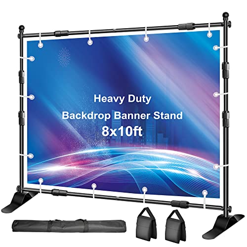 FUDESY Backdrop Banner Stand, 10x8ft Heavy Duty Display Frame Stand, Adjustable Metal Telescopic Tube, Step and Repeat Background Stand Kit for Trade Show, Photography Photo Booth, Party,with Sandbags