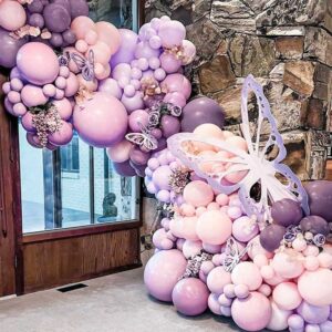 purple pink balloon garland kit double stuffed lavender light pink pastel balloon arch with dark purple lilac metallic latex balloons for baby shower birthday bridal wedding princess party decoration