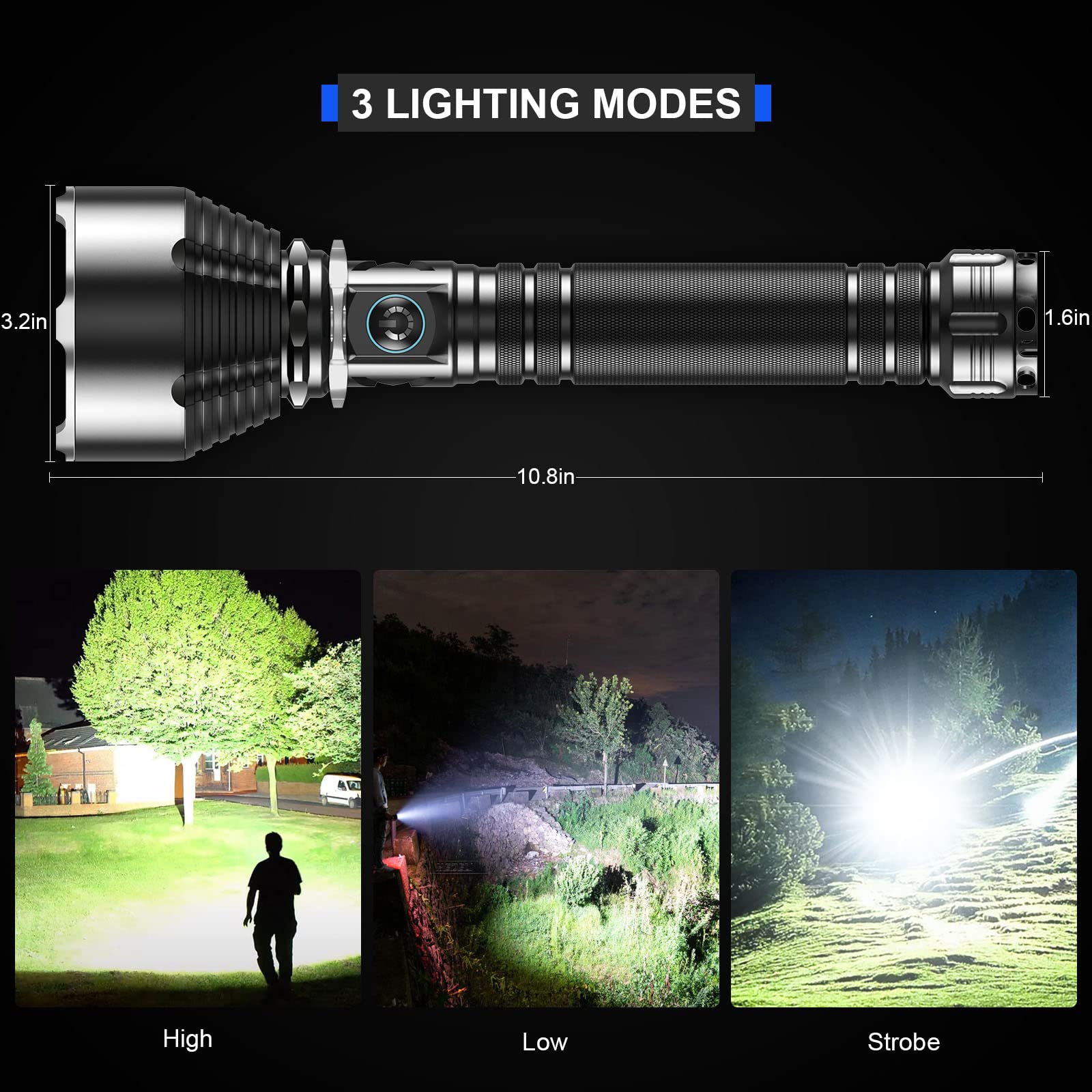 AMZGOGO Flashlights High Lumens Rechargeable, 250000 Lumens Super Bright LED Flashlight with USB Cable, Brightest Flash Light with 3 Modes Waterproof, Powerful Handheld Flashlight for Home, Camping