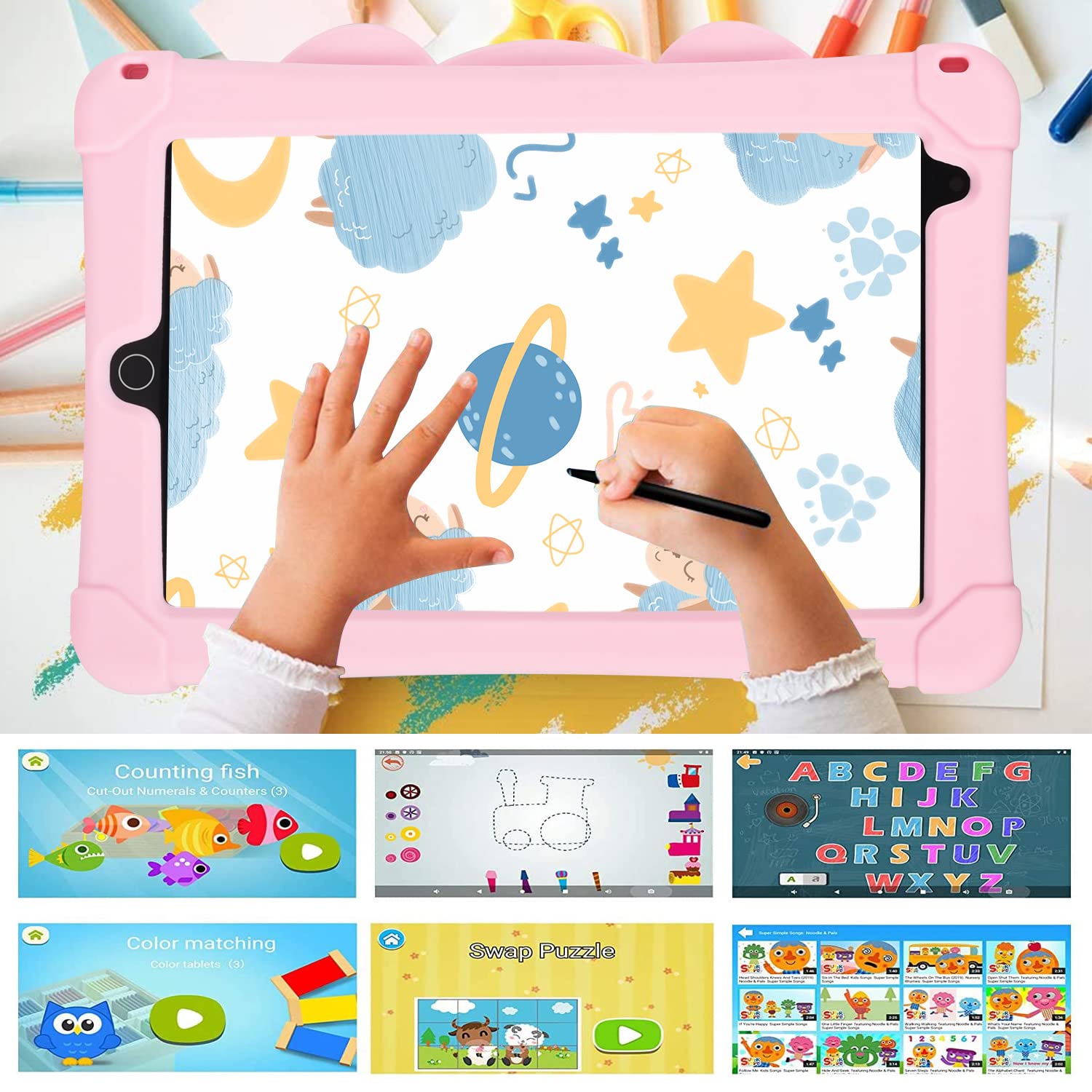 Kids Tablet 8 Inch, Toddler Tablet with Stylus & WiFi & Bluetooth, Android 10, 1280 x 800 IPS Display, 2G & 32G, YouTube Netflix Google Play Store, Earphone & Case Included (Pink)