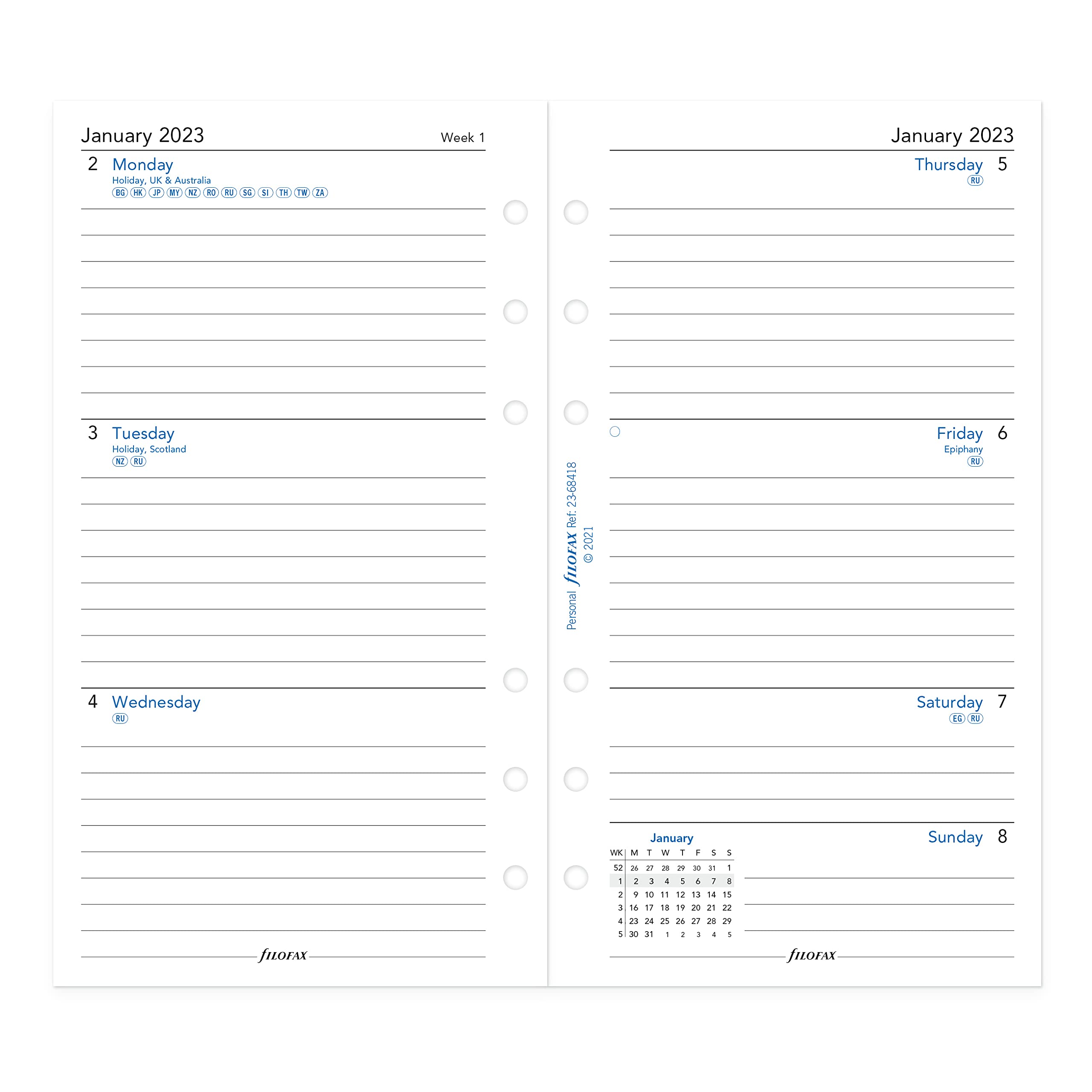 Filofax Refill, Personal/Compact Size, Week-to-View, White Paper, Ruled, English, 2023 (C68418-23) (68418-2018)