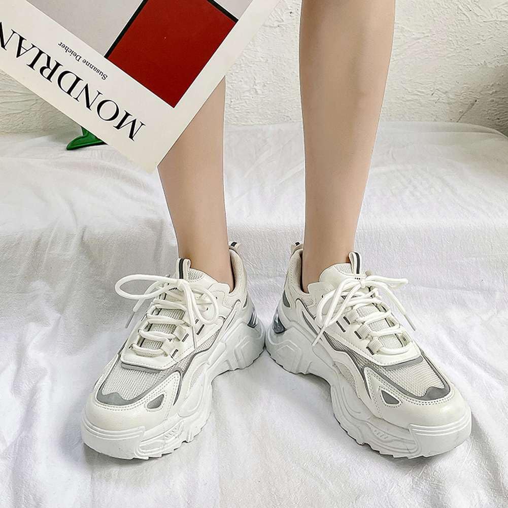 YYSPR Women's Fashion Platform Lace Up Sneakers Lightweight Walking Running Shoes White 8.5 US