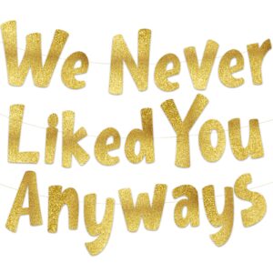 we never liked you anyways – going away party gold glitter banner – funny farewell party decorations – we will miss you – retirement party – new job change – moving party supplies, ideas, and gifts