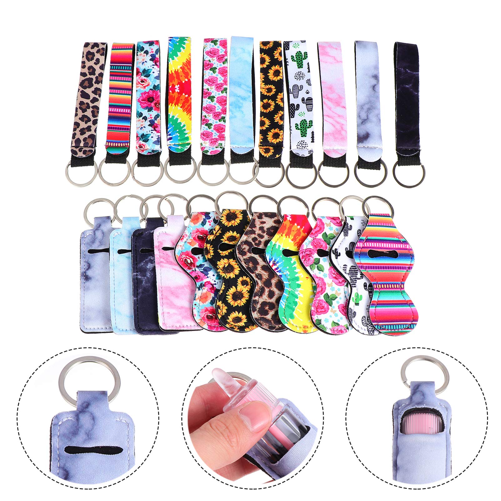 Beavorty Color Lip Balm Holders Keychains Neoprene Pouch Lip Balm Holder Lipstick Sleeve with Wristlet Lanyard Travel Accessories 22pcs Retainer Holder