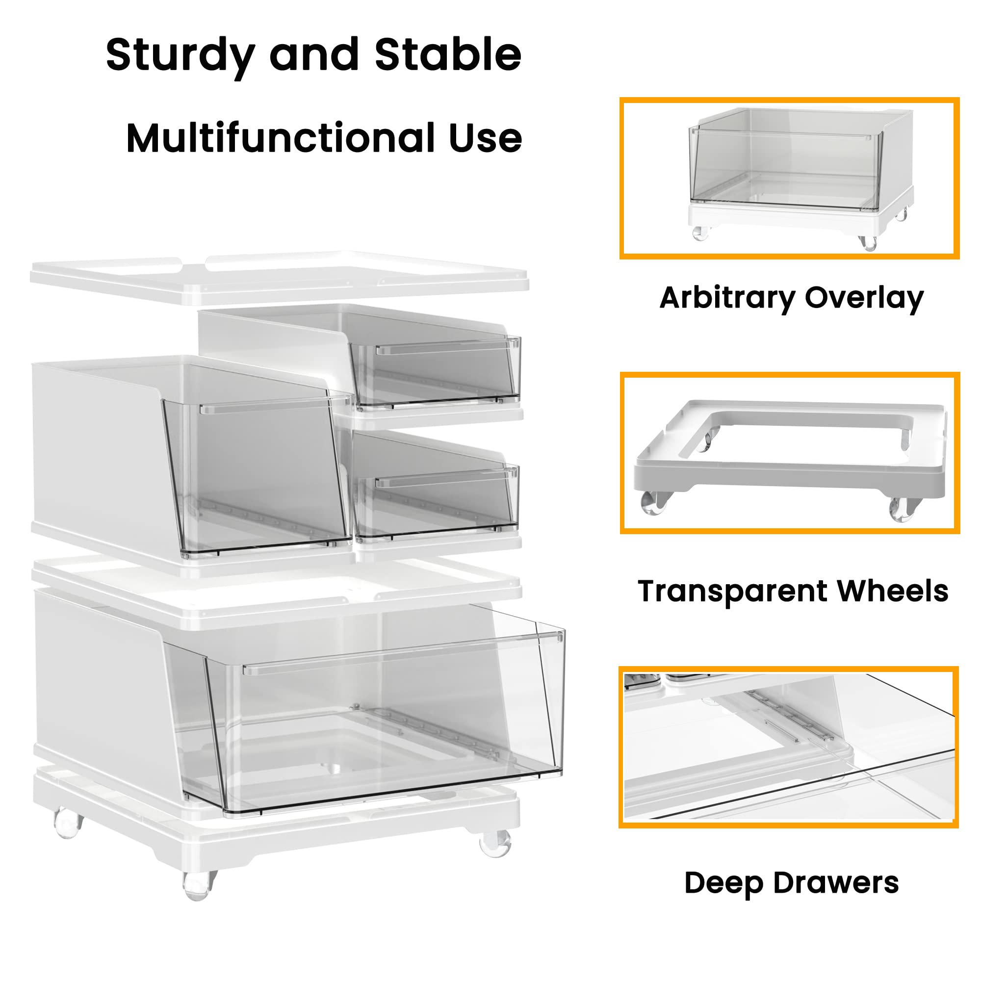 vacane Wide 4 Drawer Plastic Storage Cart with Removable Caster Wheels Cosmetic Drawers Organizer, Rolling Storage Cart for Bathroom, Office, Bedroom