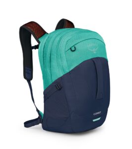 osprey comet laptop backpack, reverie green/cetacean blue