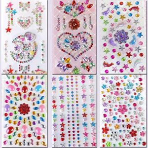 6 sheets eye face body gems jewels rhinestone temporary tattoo nail art stickers, self adhesive crystal rainbow makeup mobile pc diamonds face stick gems for party body rhinestone
